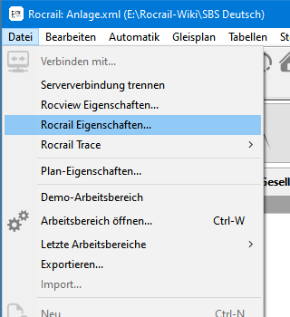 Rocrail-Eigenschaften aus dem Menü wählen